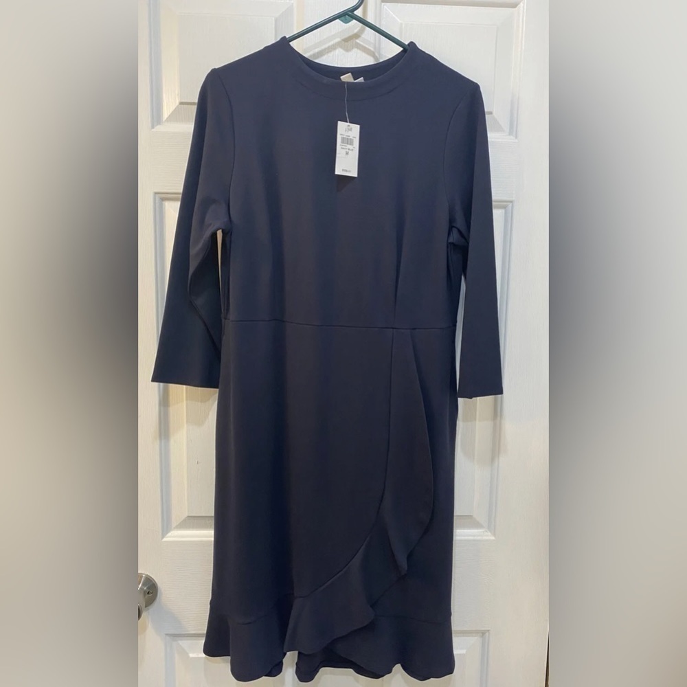 J.Jill Navy Ponte Knit Dress NWT Classy Ruffle Accent Modest‎ Women's Size M